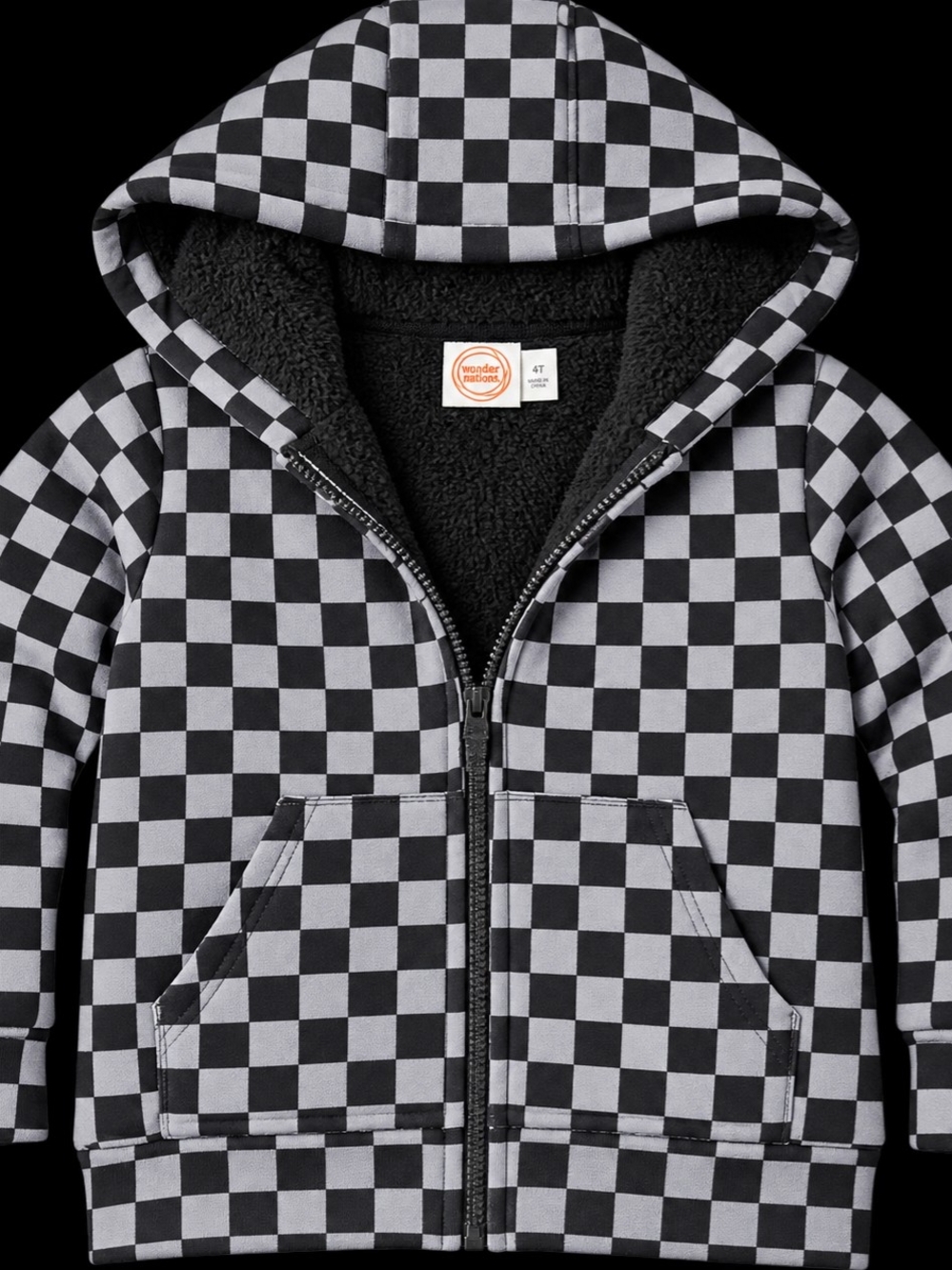 wonder nation Black & Gray Check Sherpa-Lined Zip Hoodie